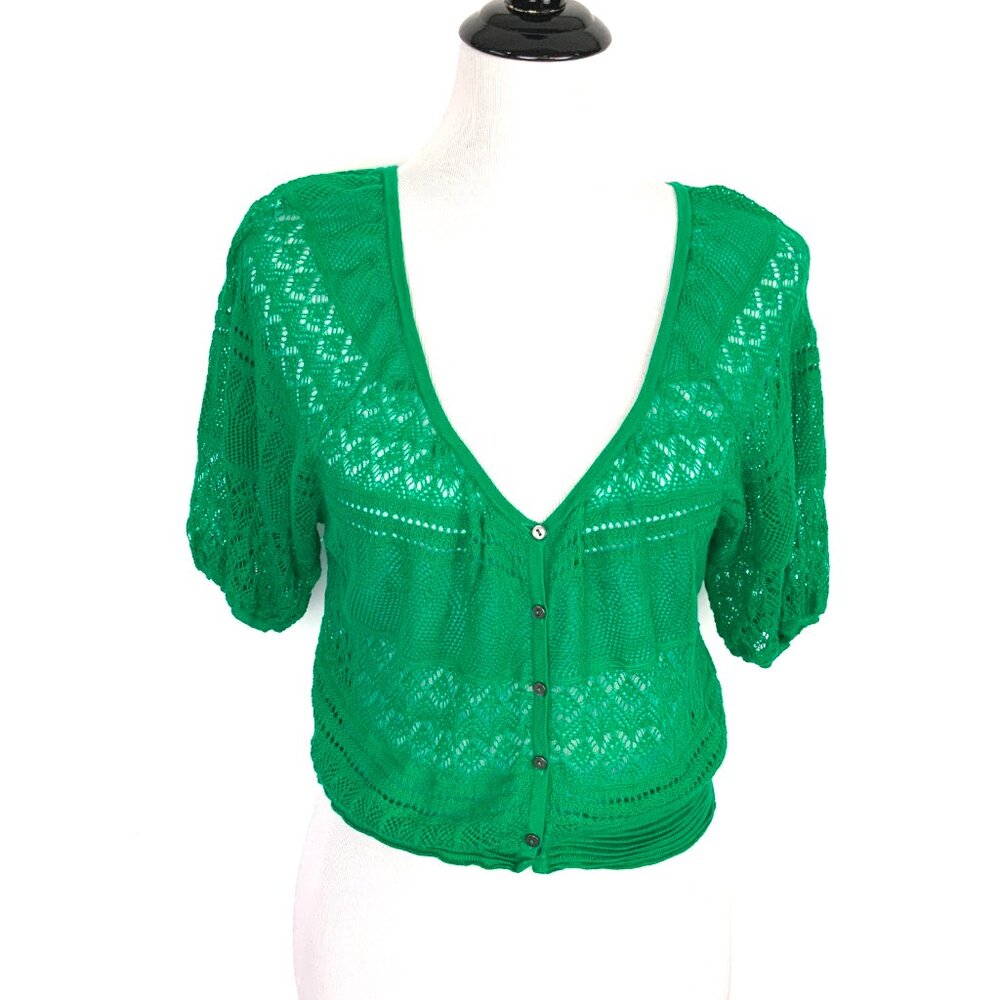Free People Green Open Knit Short Sleeve Crop Top V-Neck Sz L - Picture 2 of 16